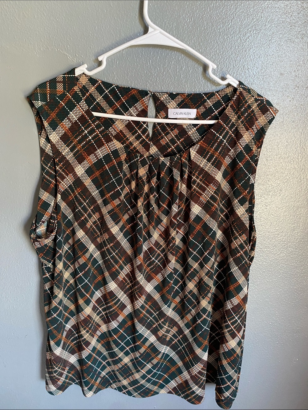 Calvin Klein Green Plaid Sleeveless Top with Brown and Cream Accents